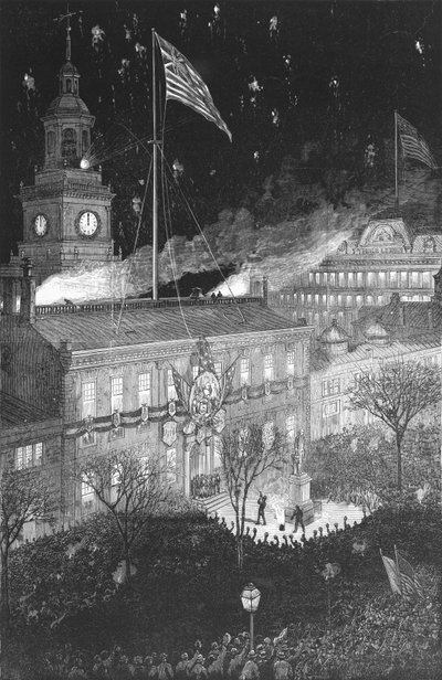 La iluminación del cuarto centenario de la Independencia en el Salón de la Independencia, 1876 por Schell y Hogan para la revista Harper